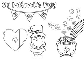 St. Patrick's Day colouring page with a leprechaun, shamrocks, a heart, cauldron of coins, rainbow, and bunting. A bird holds a shamrock, conveying festive joy.